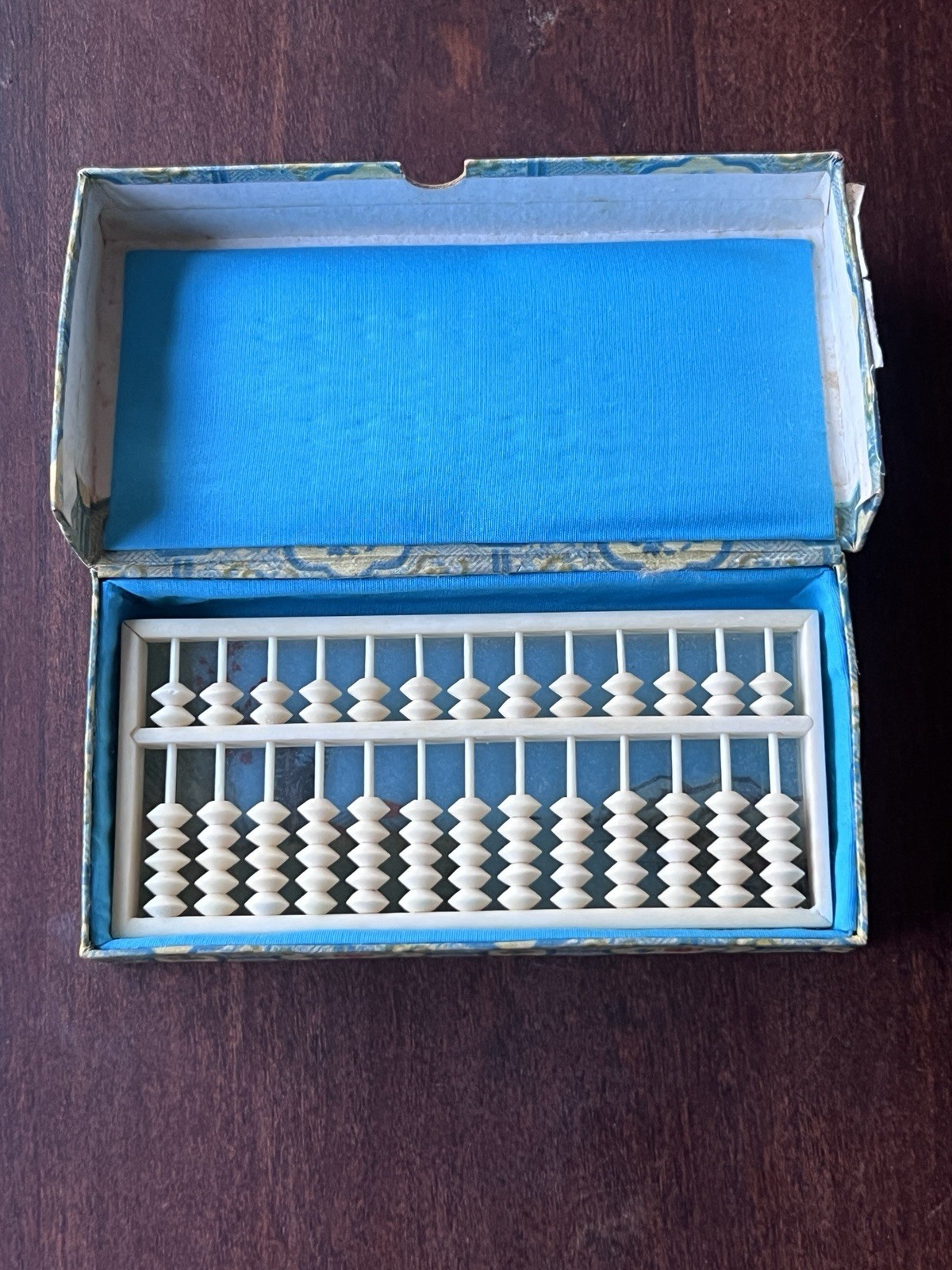 Small Vintage Chinese Abacus Suanpan Painted Glass Fabric Box VGC