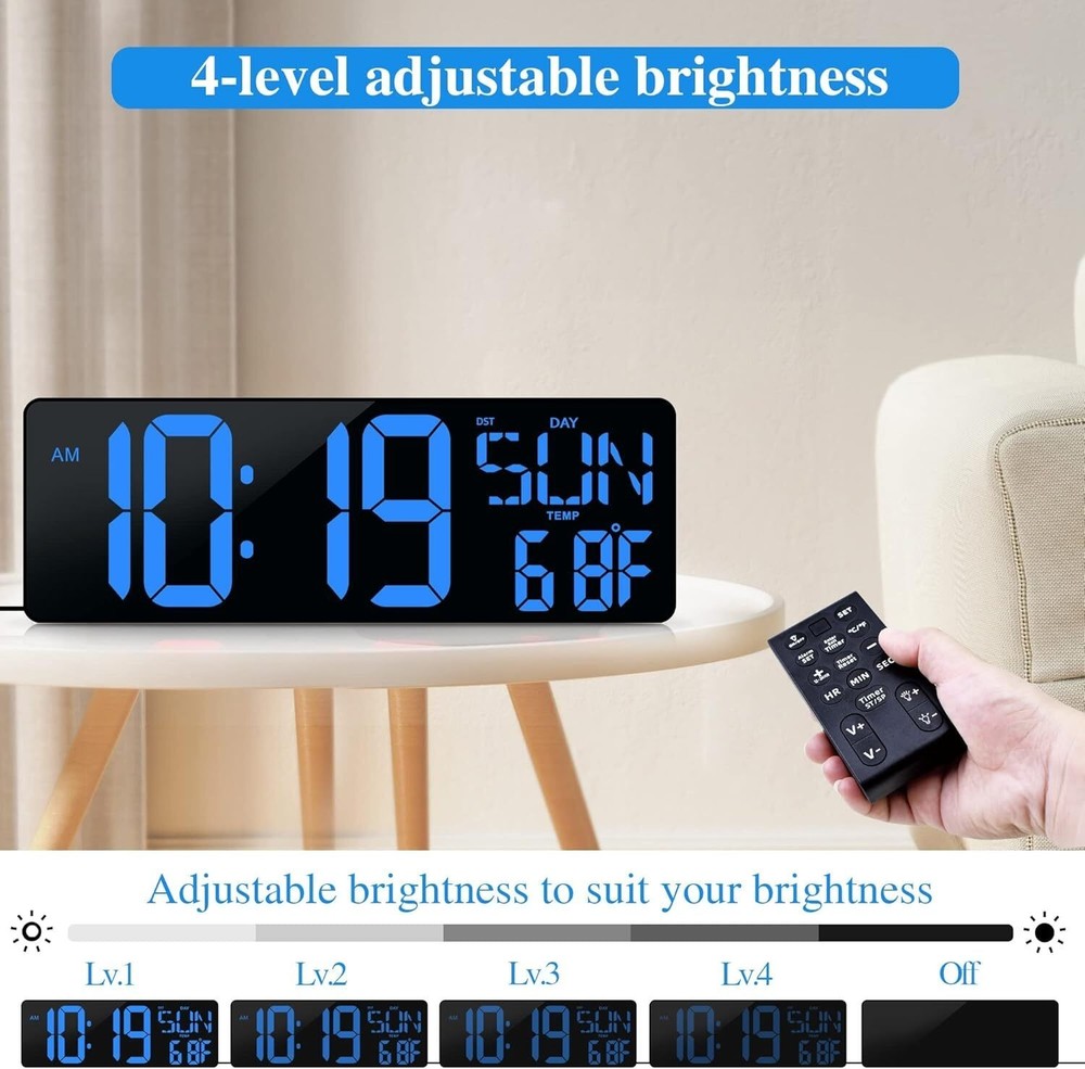 Large Digital Wall Clock with Remote Control 17.2" LED Large Display Timer US
