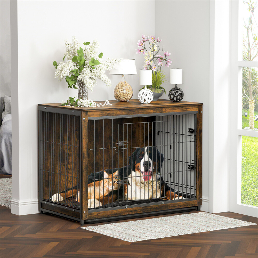 Large Dog Crate Wooden Kennel Heavy Duty Cage with Tray End Table Pet Furniture