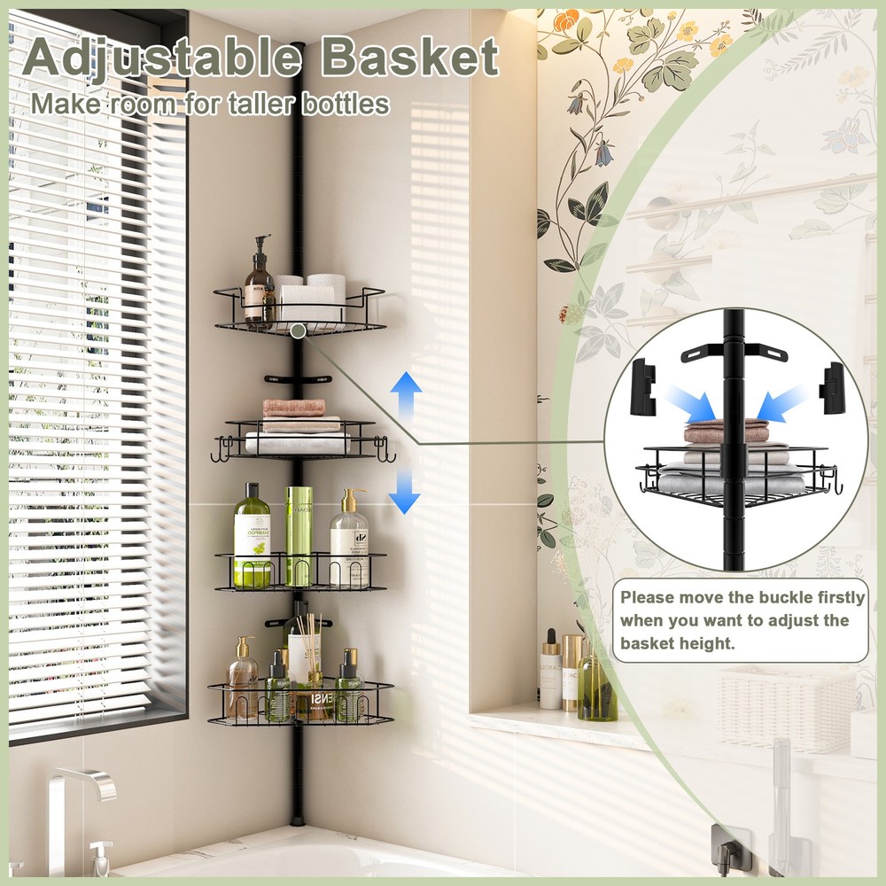 Corner Shower Caddy Tension Pole 4-Tier Adjustable Rustproof Baskets Bathroom