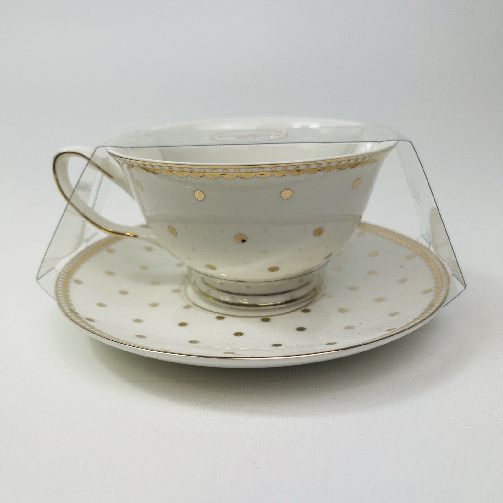 Grace Teaware Teacup Saucer White With Gold Trim Polka Dots New