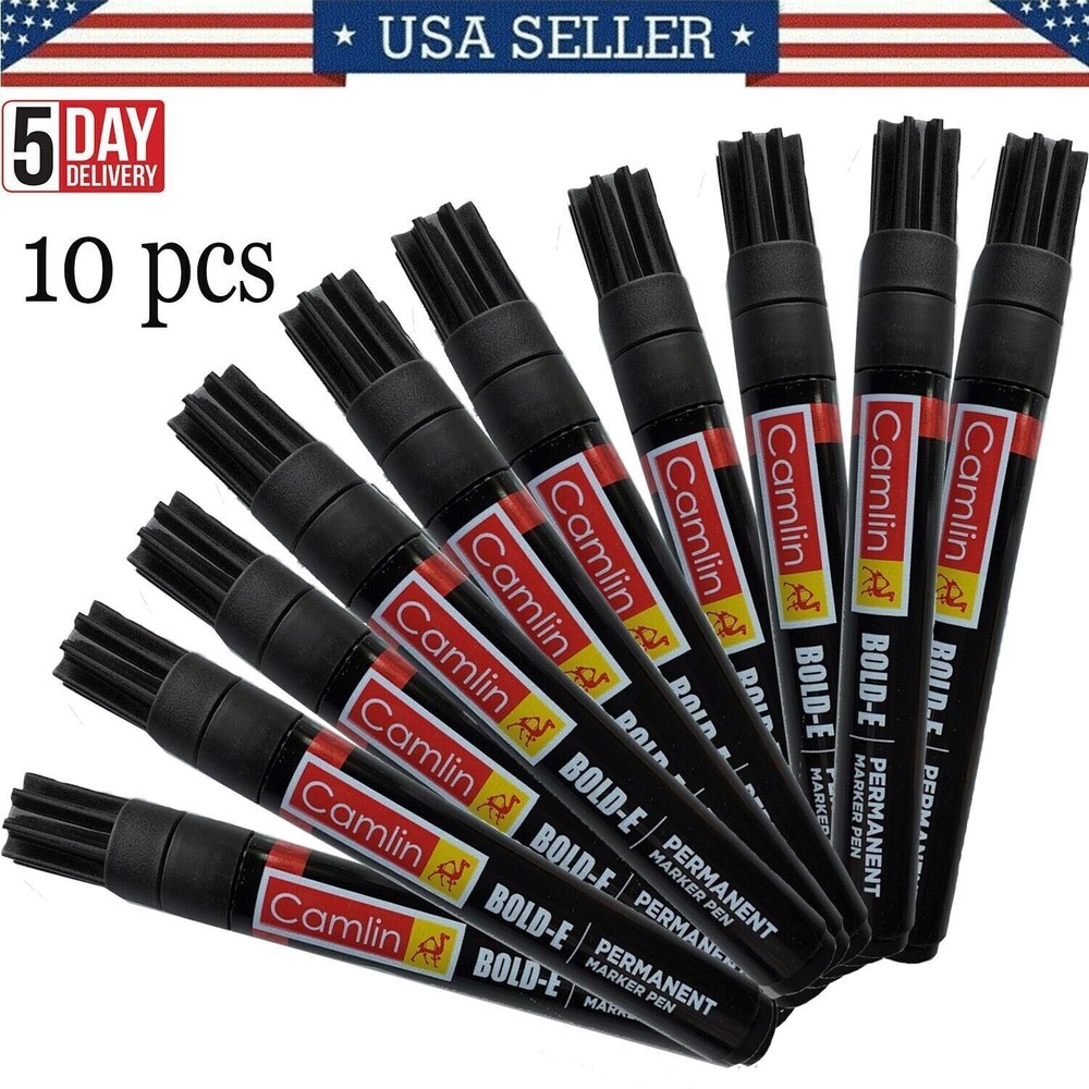 10pcs Black Bold-E Permanent Marker Pens Waterproof Quick Dry for All Surfaces
