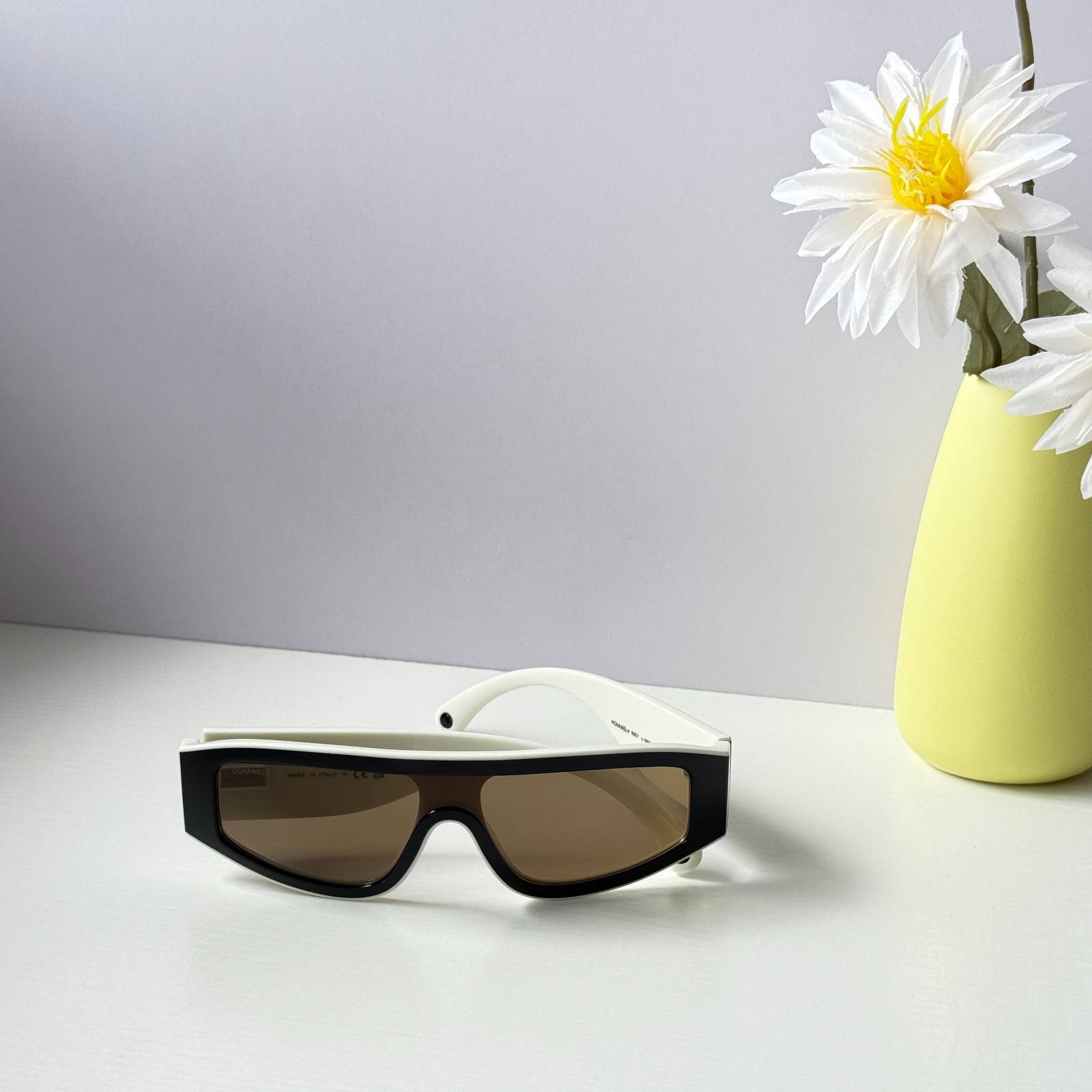 Chanel CH6057 Sunglasses Black/Beige Shield Wrap Brown Lens