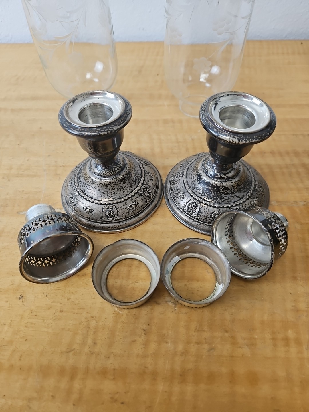 Pair Of Wallace 4640 Sterling & Glass Hurricane Candle Holders, Silver