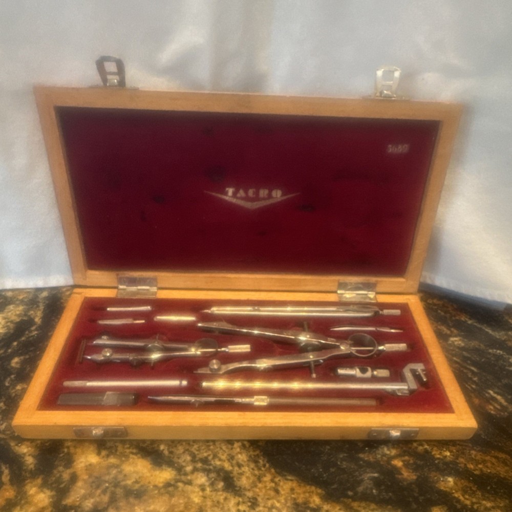 Vintage Tacro Drafting Tool Set in Wooden Case Compasses Engineering Tools