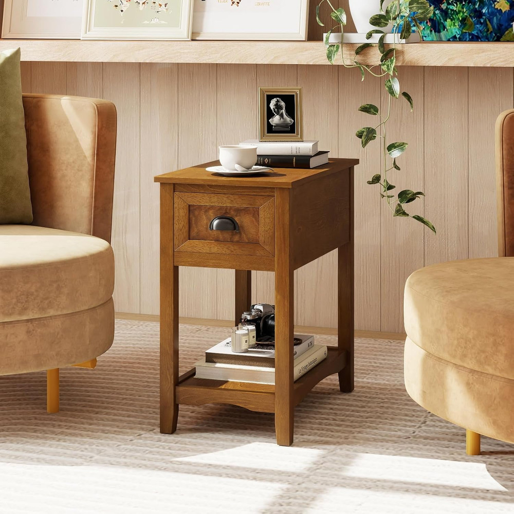 End Table with Drawer, Retro Narrow Side Table, Nightstand with Solid Wood & Sto