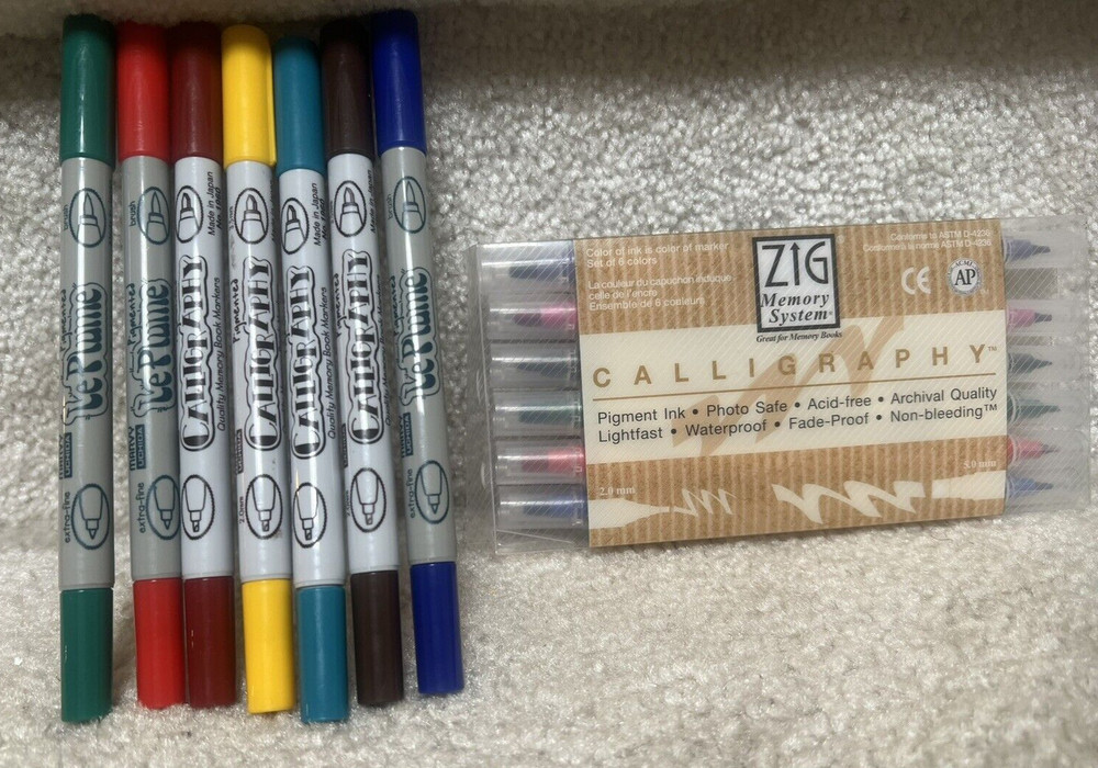 Zig Memory System Calligraphy Dual Tip Marker, (6 Pack) Tested Plus 7 Marvy Pens