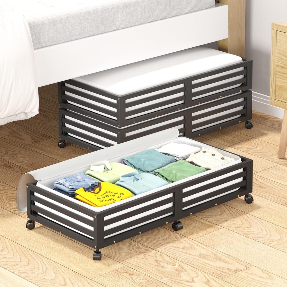 Bamboo Under Bed Storage Containers- Underbed Organizer W/ Wheels W/ Large