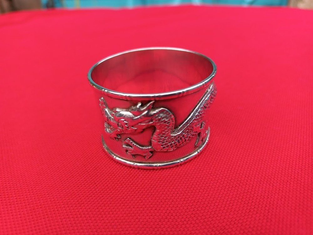 Solid silver Chinese dragon napkin ring with hallmarks
