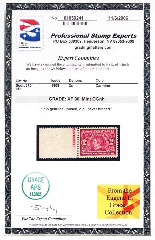 370, Mint XF NH 2¢ - PSE Certificate Graded 90 * Stuart Katz
