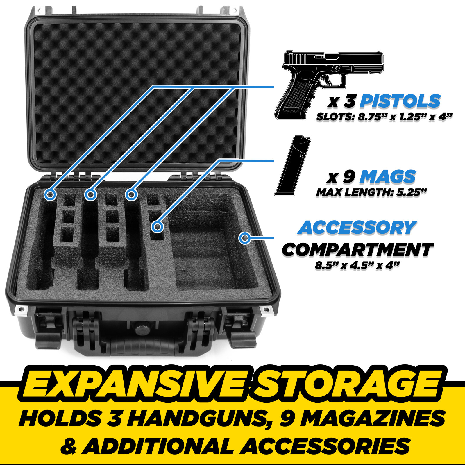 CM Pistol Case Holds 3 Handguns and 9 Magazine Storage - Handgun Case Only