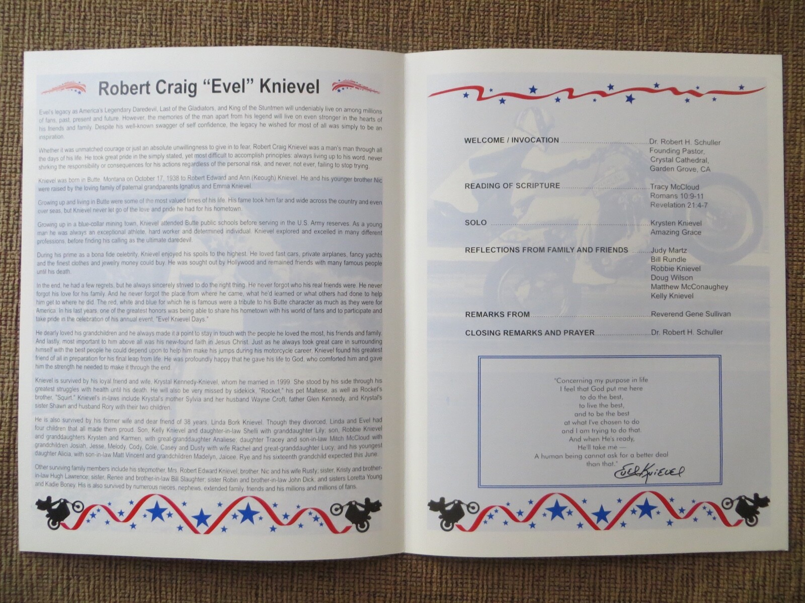 EVEL KNIEVEL 2007 ORIGINAL FUNERAL PROGRAM FROM BUTTE, MT-CREATED BY FAMILY.