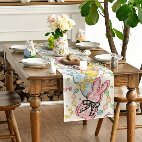 Floral Bow Bunny Rabbits Eggs Easter Table 13" x 60", Table Runner Beige