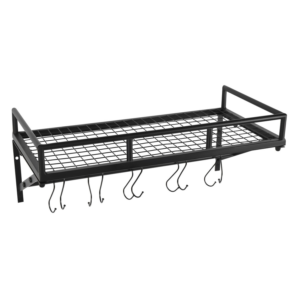 Kitchen Wall Mounted Storage Shelf Cookware Pan Pot Organizer Rack with 10 Hooks