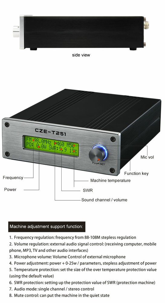 Professional CZE-T251 25W FM transmitter stereo broadcast adjustable +GP Antenna