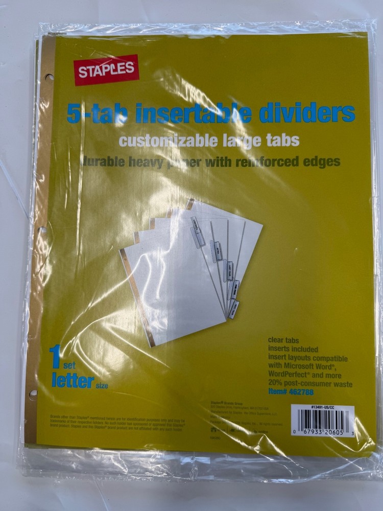 Staples 5 Tab Set Insertable Dividers Letter Size (3 SETS)