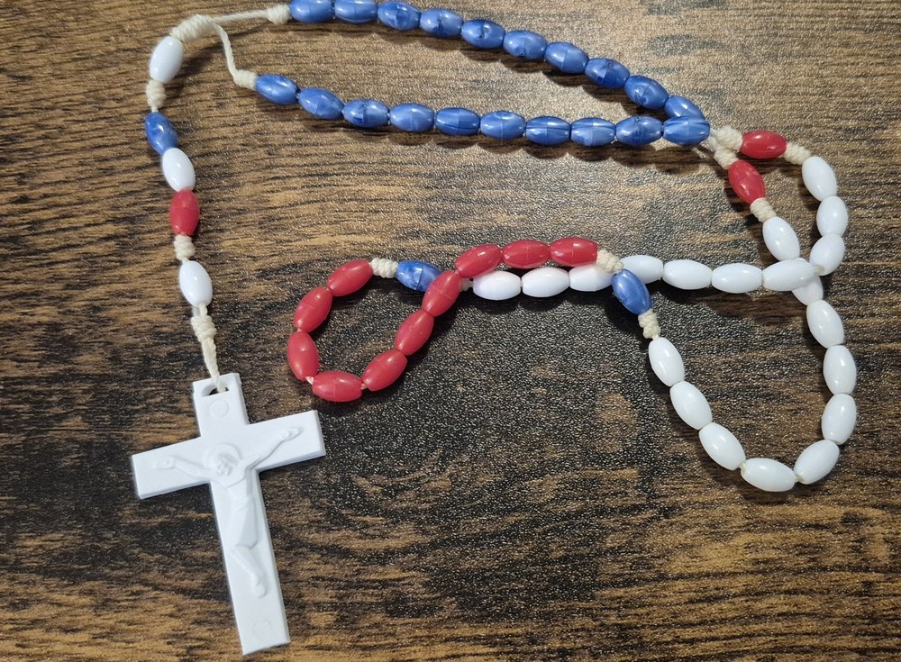 Handmade Red White Blue  Bead Rosary White Molded Plastic Cross  Catholic  EUC