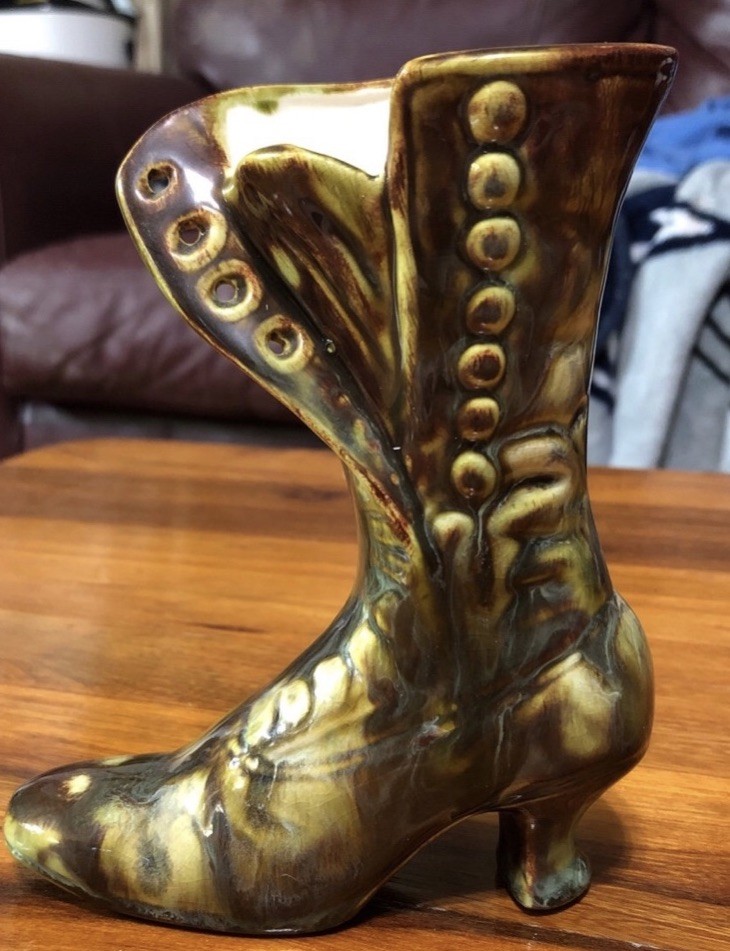 Antique Boot Vase Glazed Pottery Beautiful