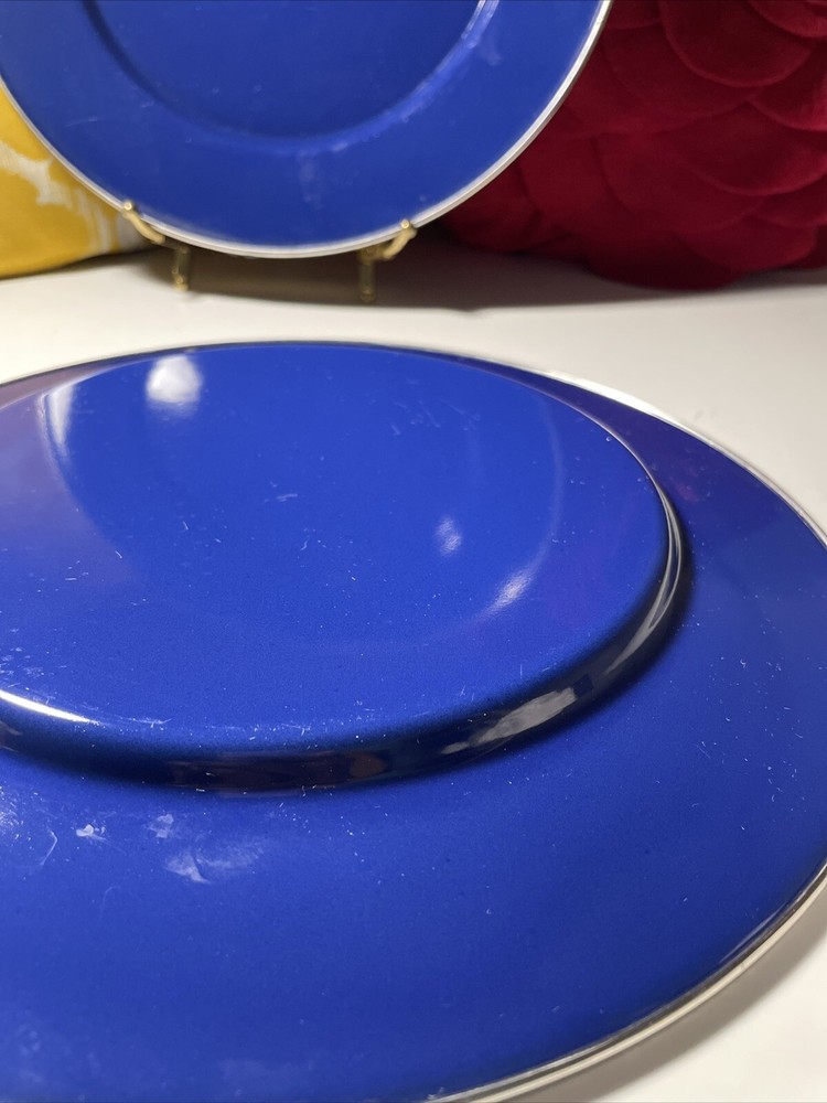 blue enamelware Plates With Silver Trim
