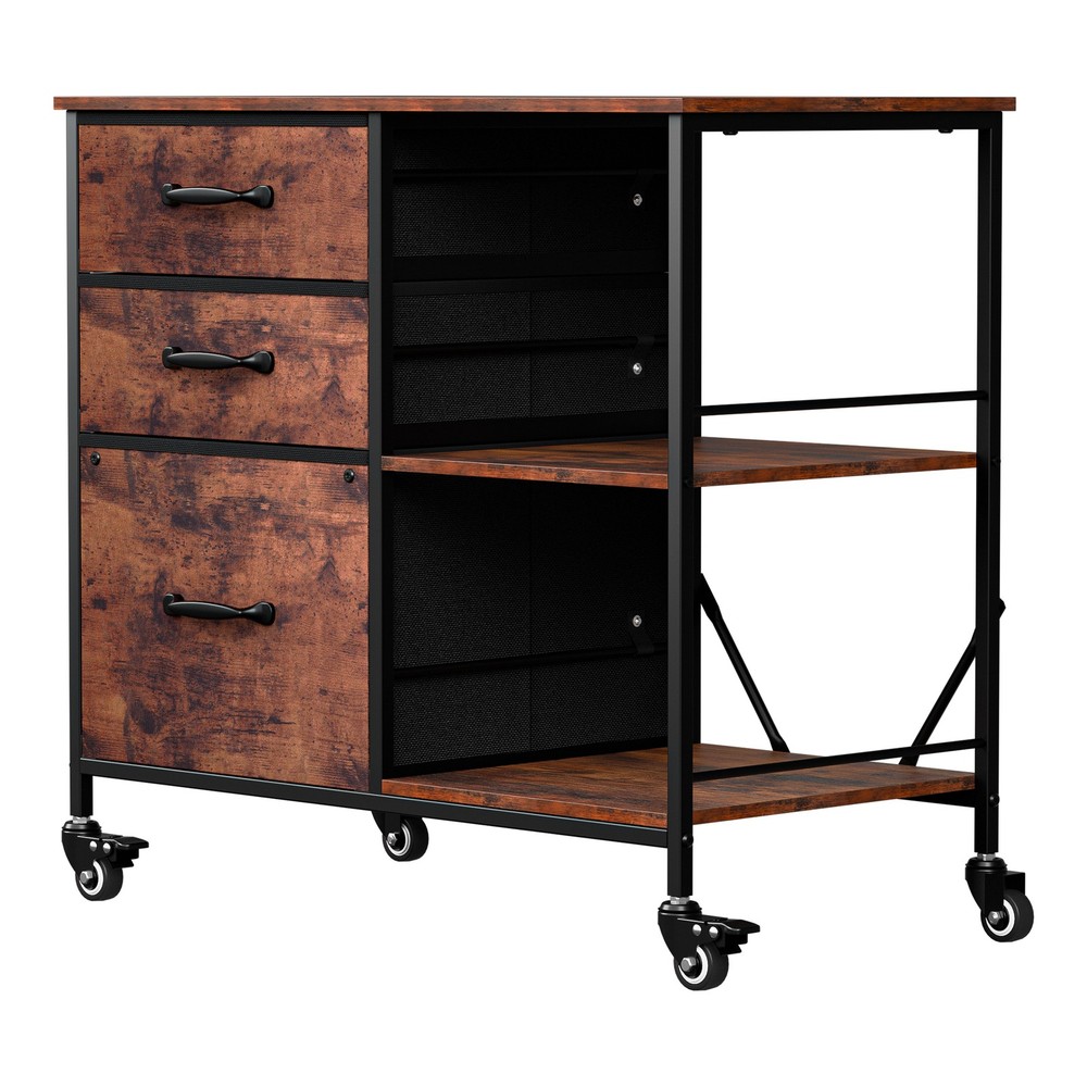 Mobile File Cabinet w/ 3 Drawers & Open Shelf Rolling Printer Stand Rustic Brown