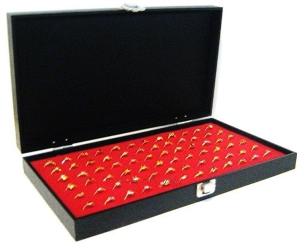 Ring Case Key Locking Solid Top Lid 72 Ring Red Jewelry Display Box Storage Case
