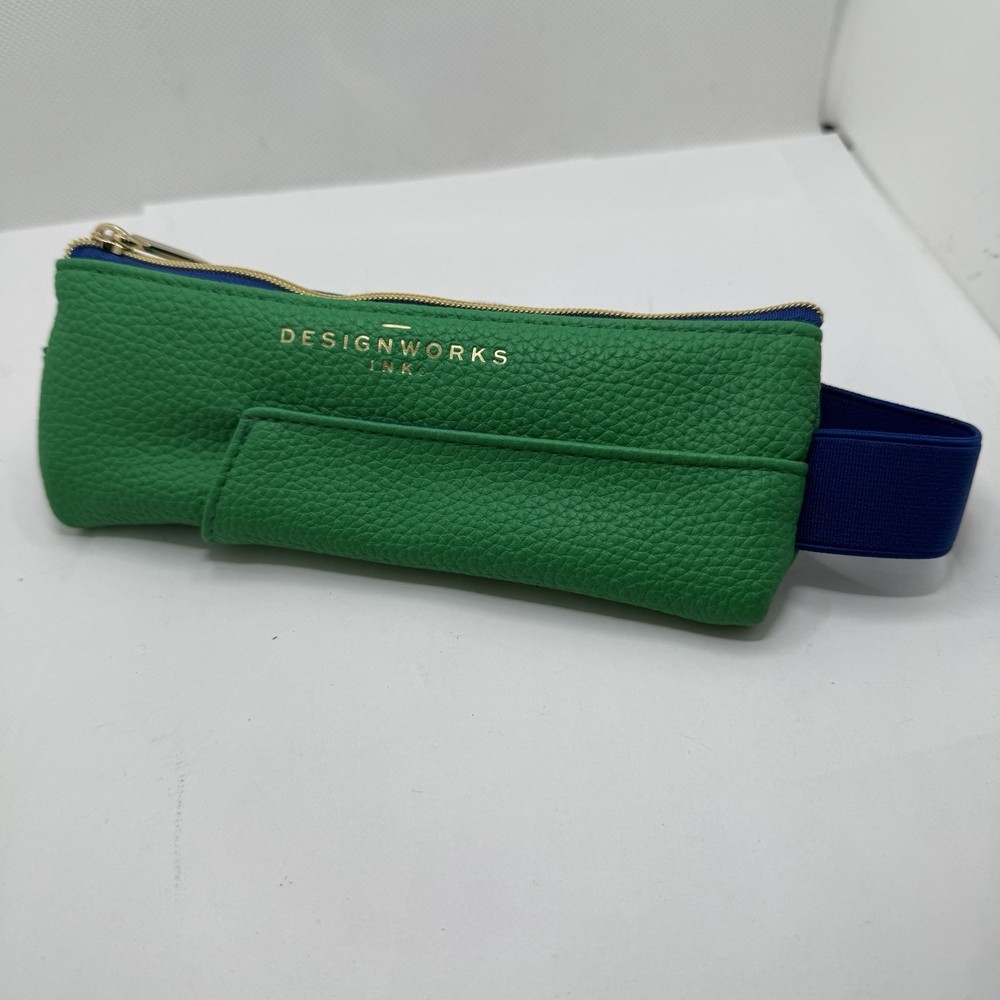 Design Works Vegan Leather Elastic Strap Notebook Pen Pouch EUC Green Navy
