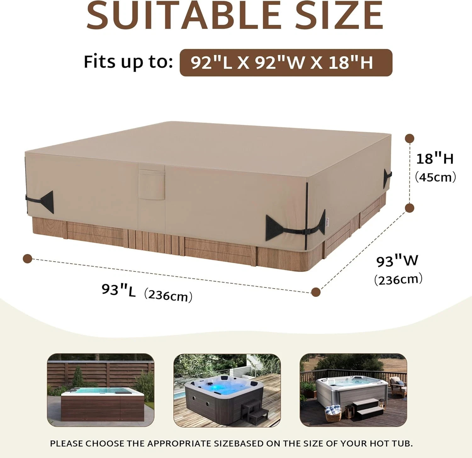 Outdoor Waterproof Hot Tub Cover 93 X 93 Inch Fit 92 X 92 or 91 X 91 or 90 X 90