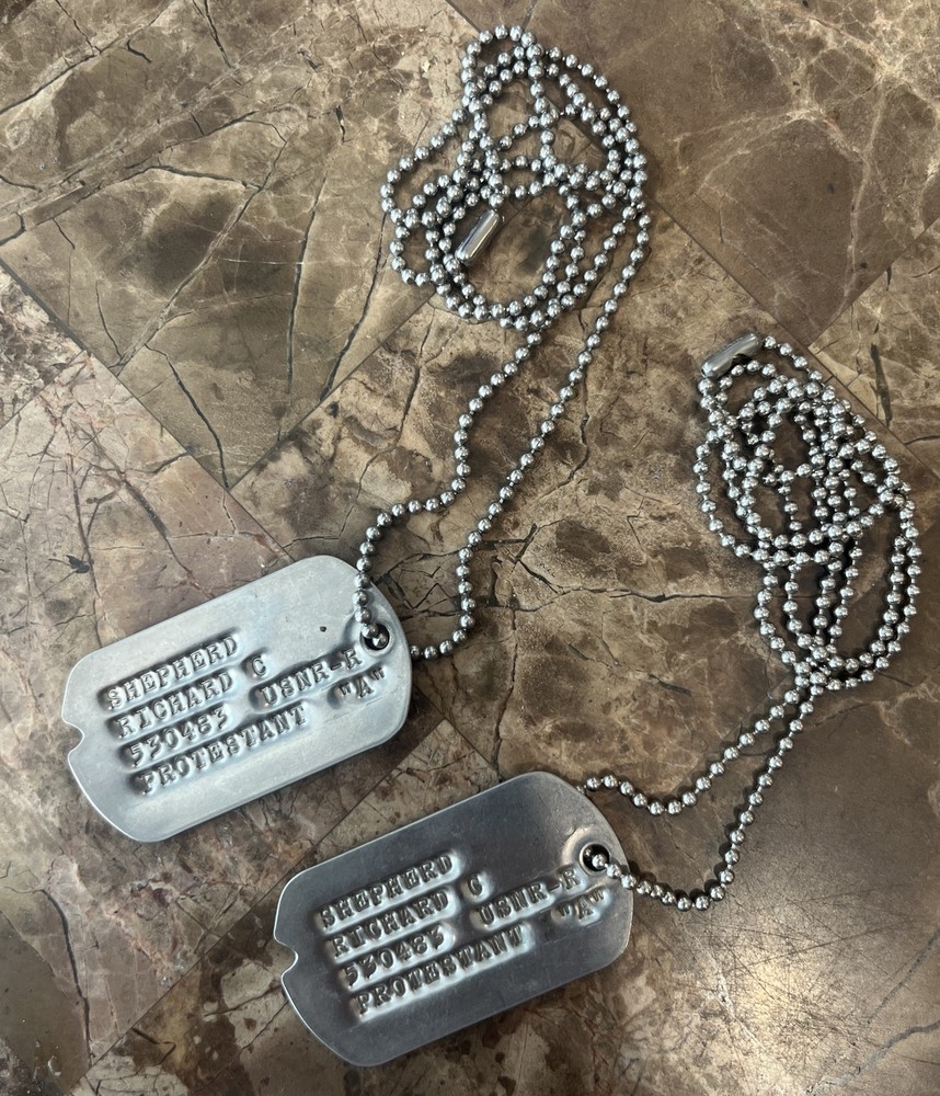 2 Original US Navy Reserve USNR-R Notched Dog Tags - Richard C. Sheperd