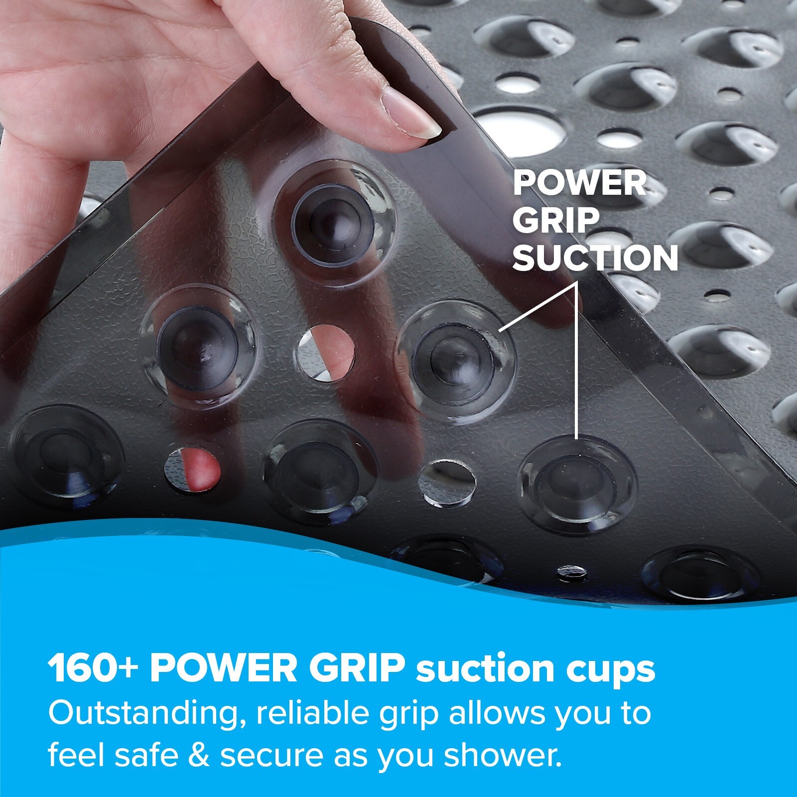 Large Non-Slip Shower Mat with Drain Holes: Black Square Shower Mat