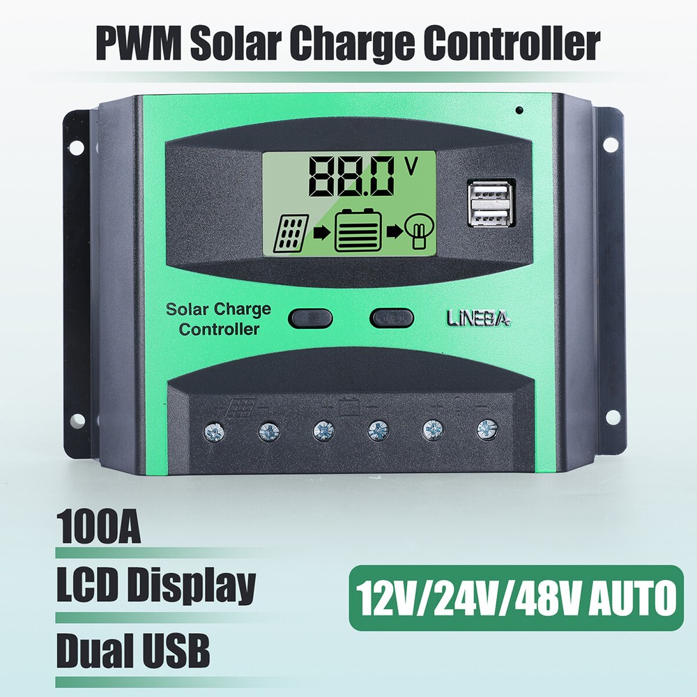 100A Solar Panel Battery Charge Controller 12/24/48V LCD Regulator Auto Dual USB