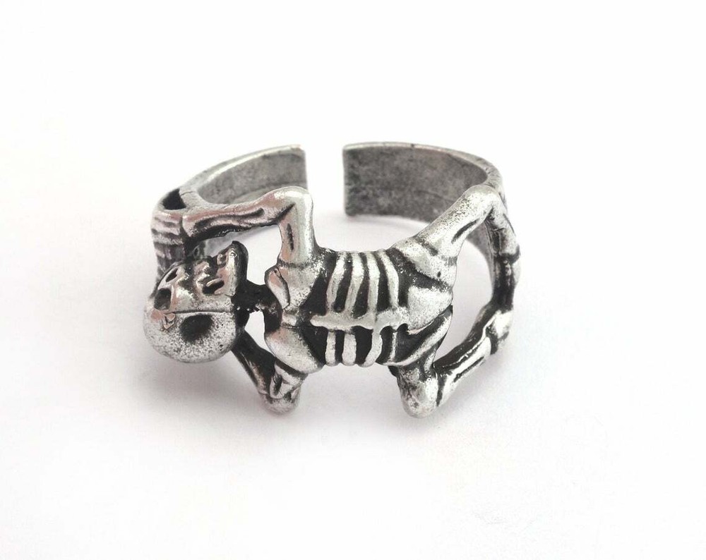 Skeleton Adjustable Ring Antique silver plated brass 10US Scary Horror Thriller