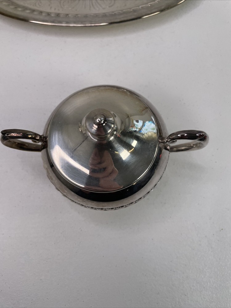 Creamer & Sugar Bowl w/ Tray Silver on Copper Silverplate Braid Rope Set 3 VTG