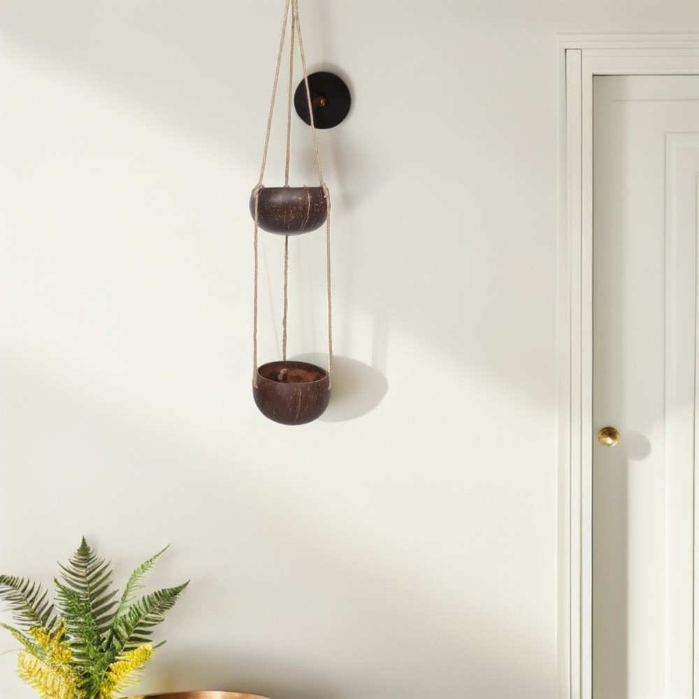 Coconut Shell Flower Pot: 2-Tier Hanging Wall Planter - Coconut Shell Planter