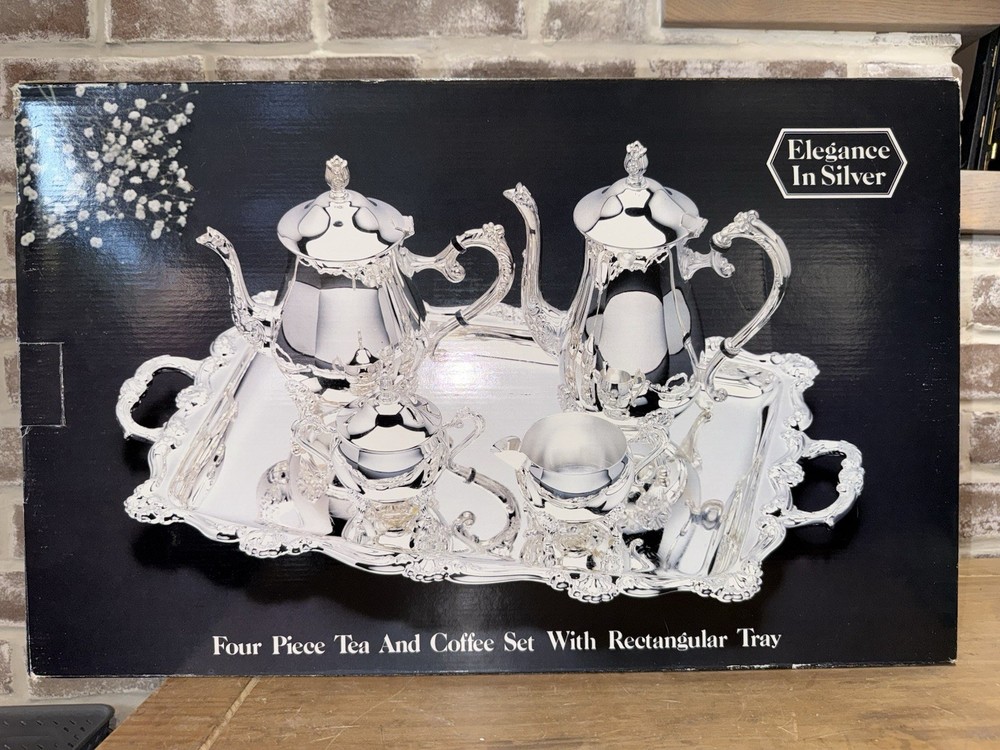 ELEGANCE IN SILVER 4-pc TEA and COFFEE SERVING SET plus SERVING TRAY Used In Box