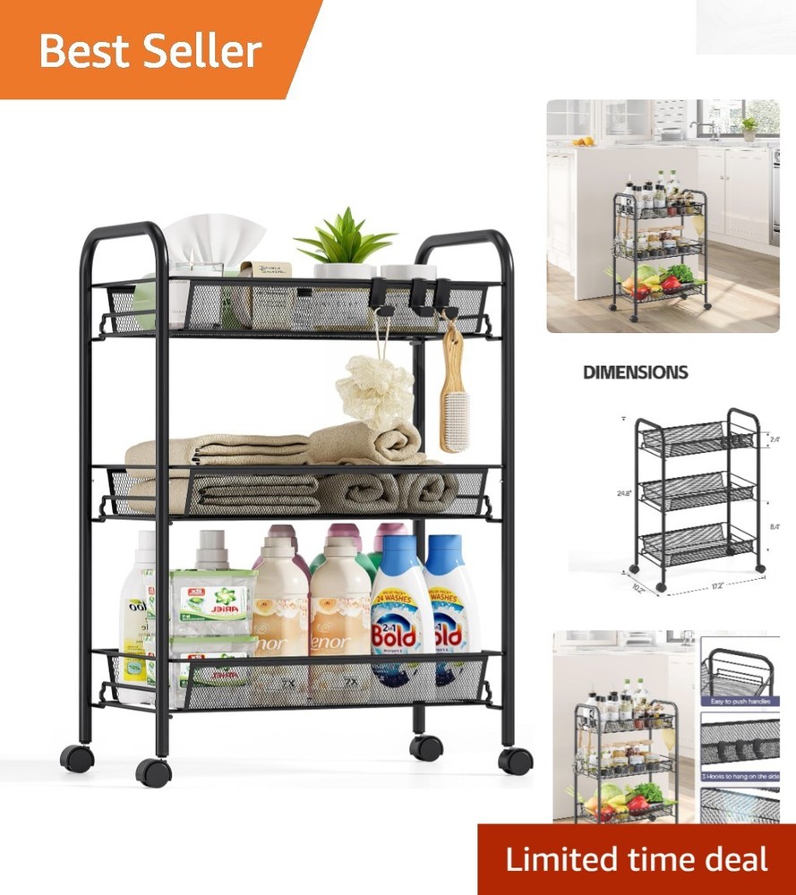 Versatile 3-Tier Rolling Utility Trolley - Space-Efficient Organizer with Hooks