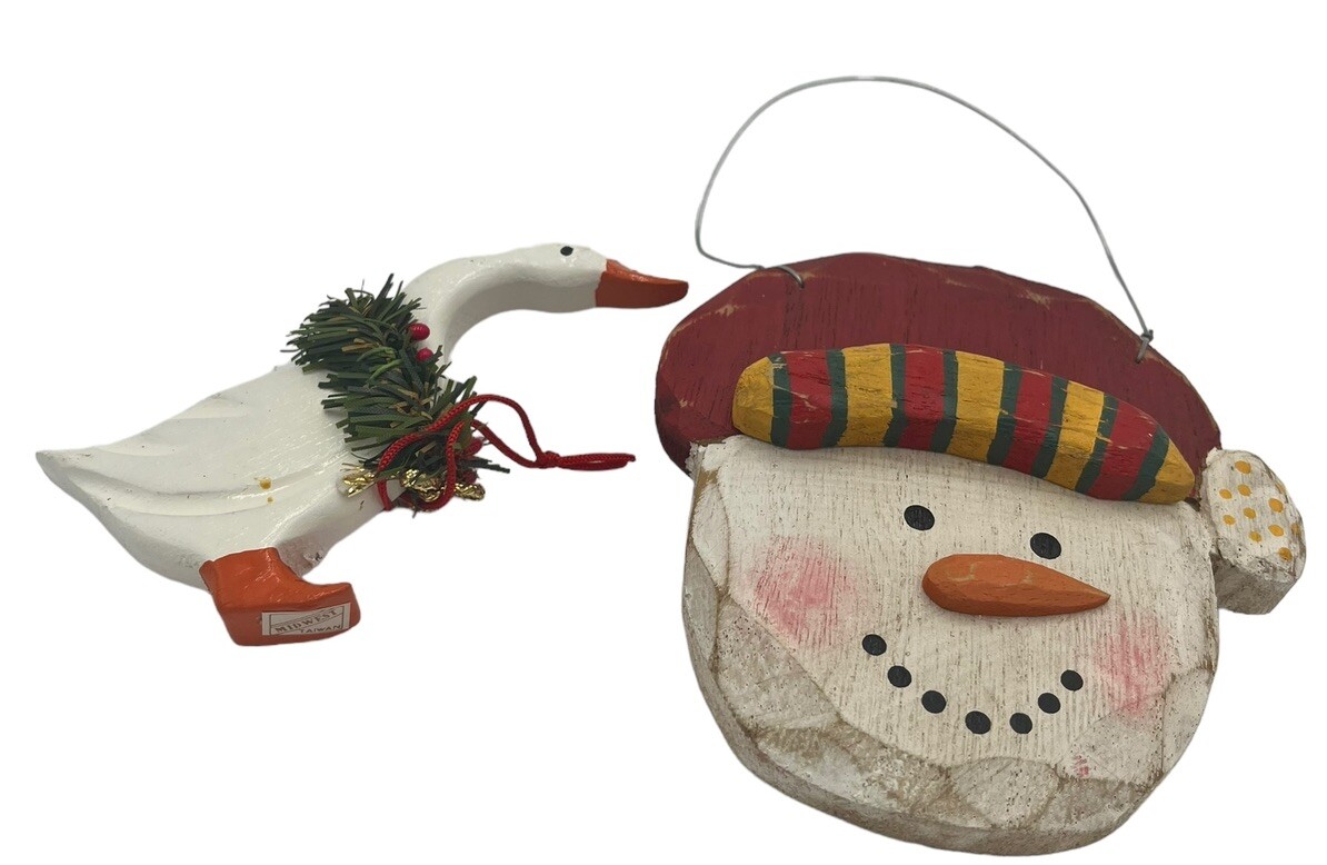 2 Midwest of Cannon Falls Signed Snowman Christmas Ornaments Wood Goose Carved