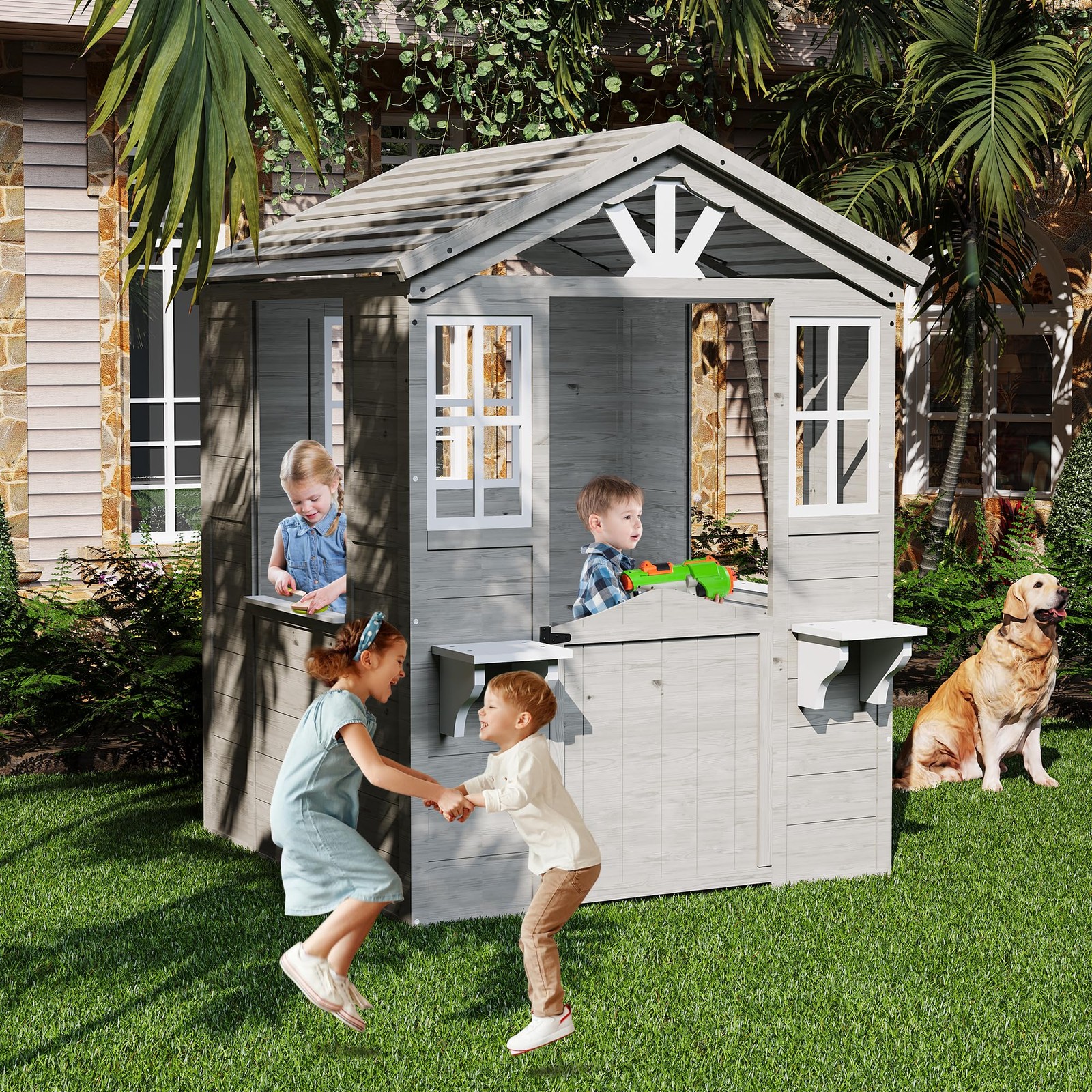 Cedar Wooden Kids Playhouse with Play Kitchen, Outdoor Toddler Cottage Backyard