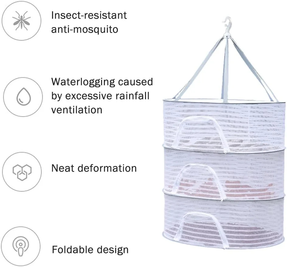 Herb Drying Rack, 3 Layer Foldable Hanging Mesh Net with Zipper, Outdoor Drying