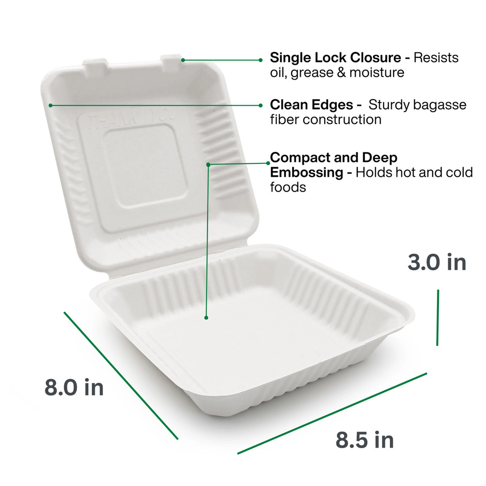 Bagasse Hinged Container, White, PFAS FREE, 8" x 8", 100pc