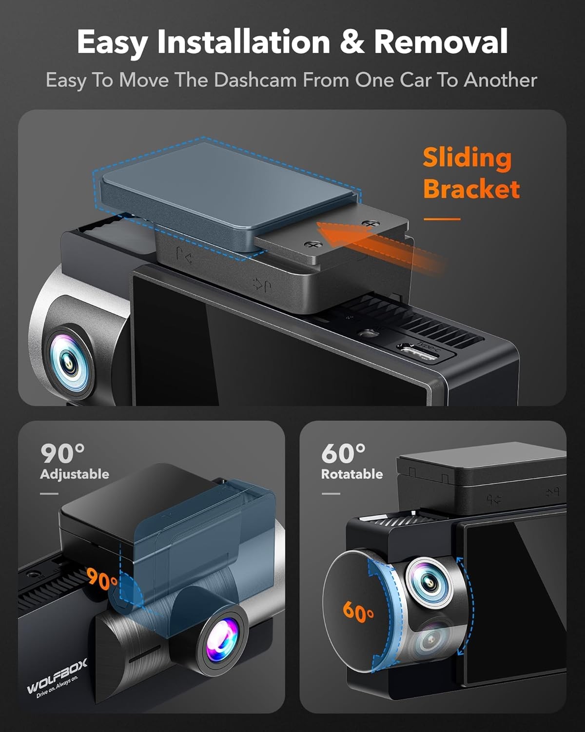 WOLFBOX Dash Cam i17 4K 3 Channel Dash Camera, 5.8GHz WiFi & GPS with 64GB Card