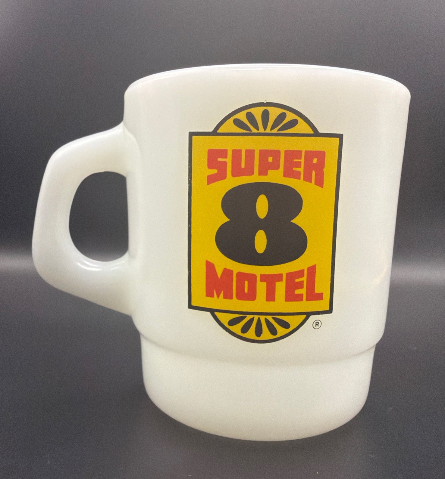 Rare Vtg Super 8 Motel Coffee Cup Mug Freshpot Milk Glass White Advertising Mex