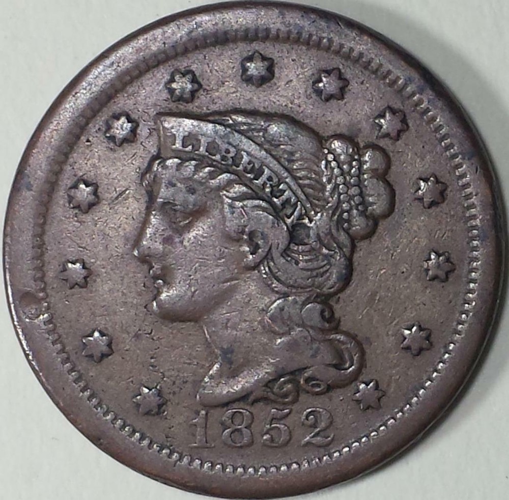 1852  Braided Hair Large Cent - ** F+ **