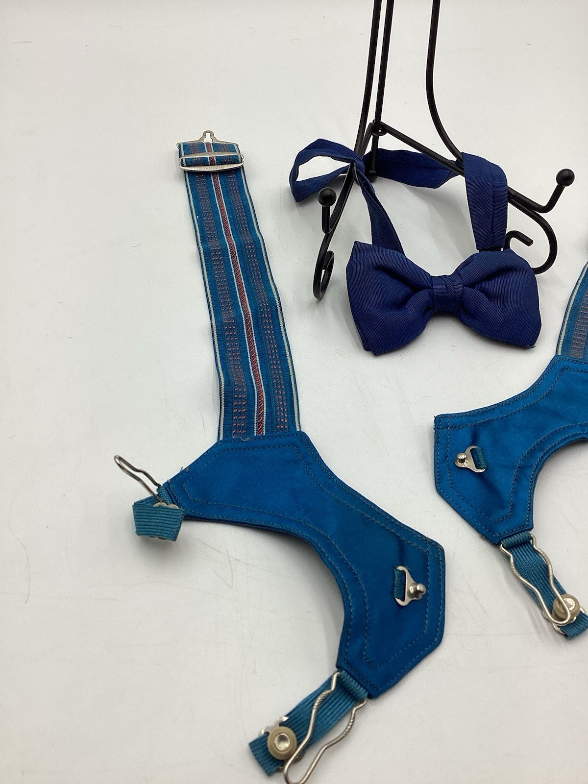 Vintage Child’s Suspenders & Bow Tie Set–Blue Elastic Braces & Navy Bowtie