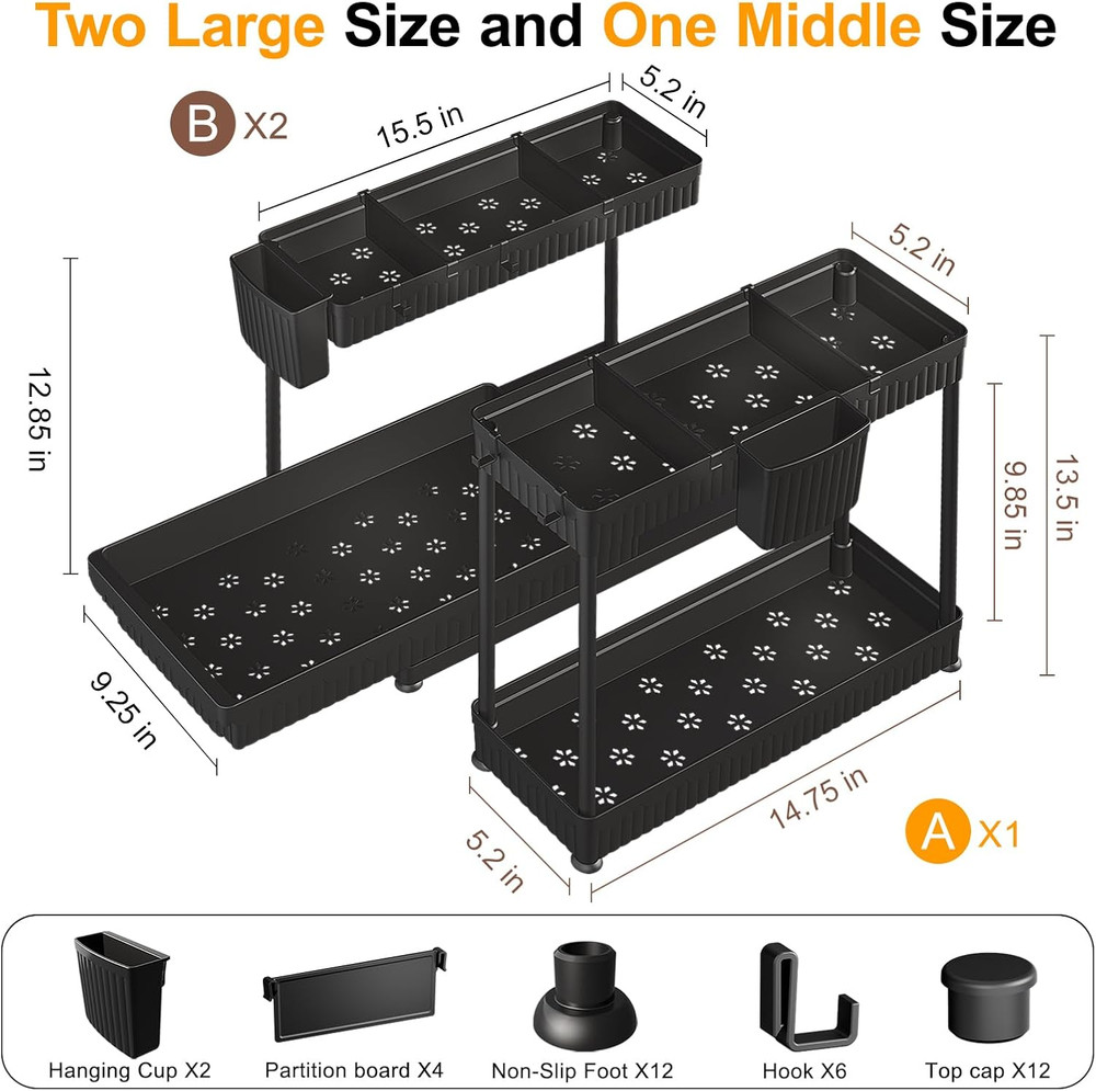 3 Pack Multi-Purpose Pull-Out Storage Organizers, 2-Tier L-Shaped under Sink/Cab