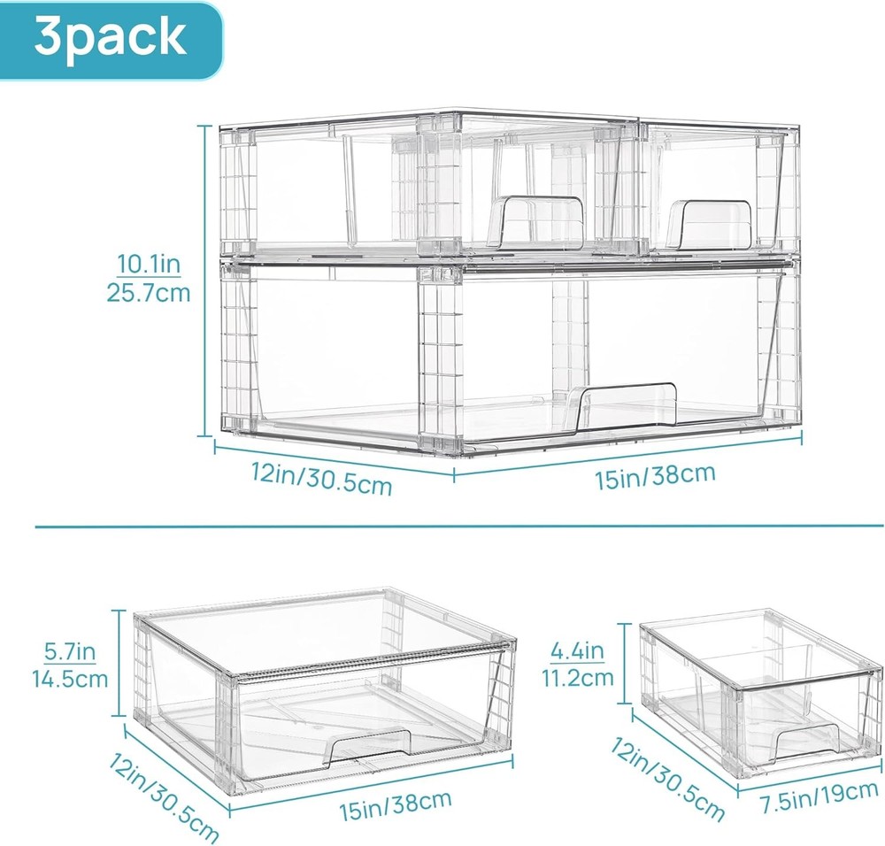 3 Pack Stackable Storage Drawers Easily Assemble Acrylic Bathroom Undersink