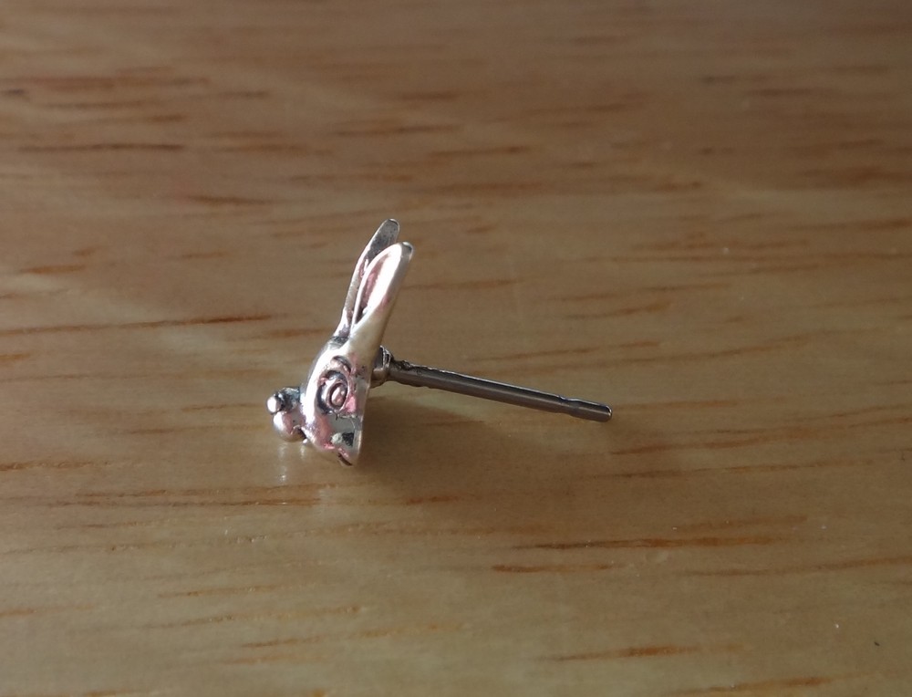 SINGLE Sterling Silver TINY 9x9mm Easter Bunny Rabbit Face Stud Earring
