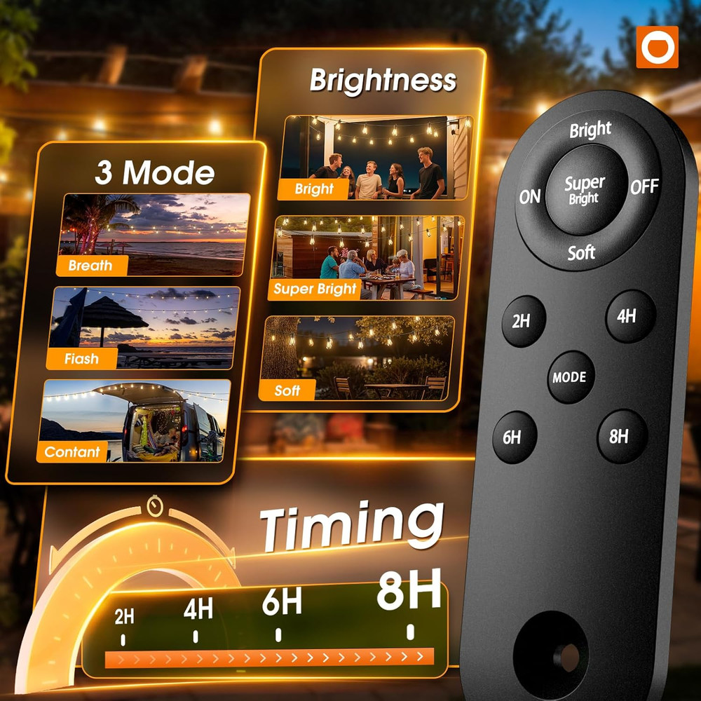 54FT Solar String Lights with USB & Remote - Waterproof Dimmable LED Bulbs