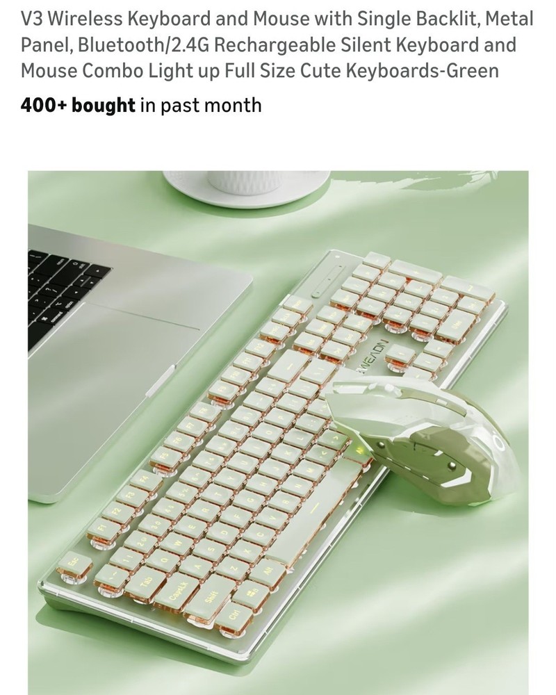 V3 Wireless Keyboard and Mouse with Single Backlit, Metal Panel, Bluetooth Green