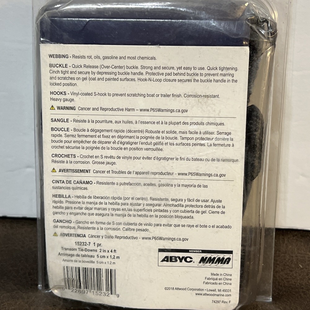 attwood Transom Tie Downs Straps 2” X 4’ #15232-7