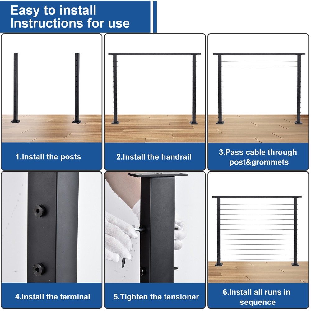Side Mount Black Complete Cable Railing Kit 42'' Cable Railing System w/ Handrai